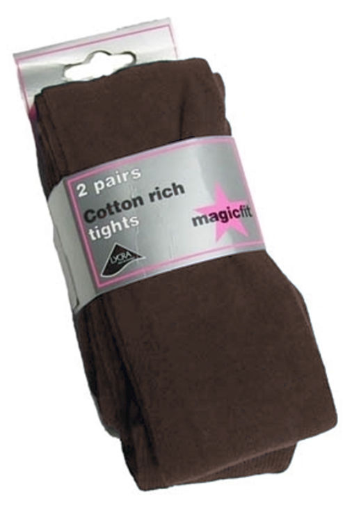 Quality UK Made, Cotton Rich Girls Tights, Magic Fit Brand, Pack of 2,  Brown - Kids-Biz
