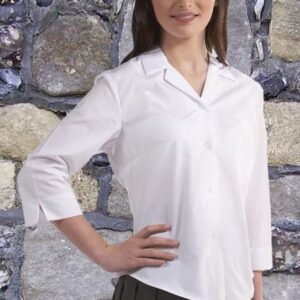 Fitted Blouse with 3/4 Length Sleeves and Open Neck Collar (Revere), White