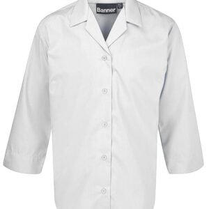 Banner Fitted Blouse with 3/4 Length Sleeves and Open Neck Collar (Revere), White