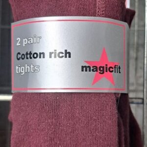 Quality UK Made, Cotton Rich Girls Tights, sized by age, Magic Fit Brand, Pack of 2, Maroon