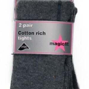 Quality UK Made, Cotton Rich Girls Tights, Magic Fit Brand, Pack of 2, Grey