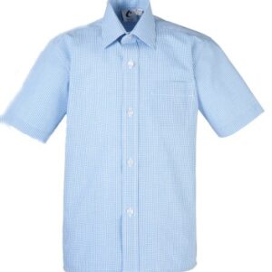 Blue and White Short Sleeved Summer Gingham Shirt, 11 inch Collar