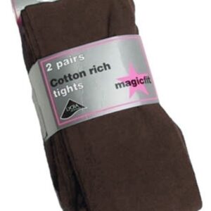 Quality UK Made, Cotton Rich Girls Tights, Magic Fit Brand, Pack of 2, Brown