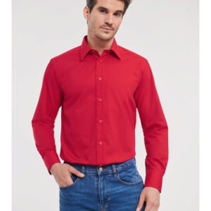 Red Mens Long Sleeved Classic Poplin Shirt, Pure cotton, Size 16/16.5 inch collar by Jerzees, Russell Collection